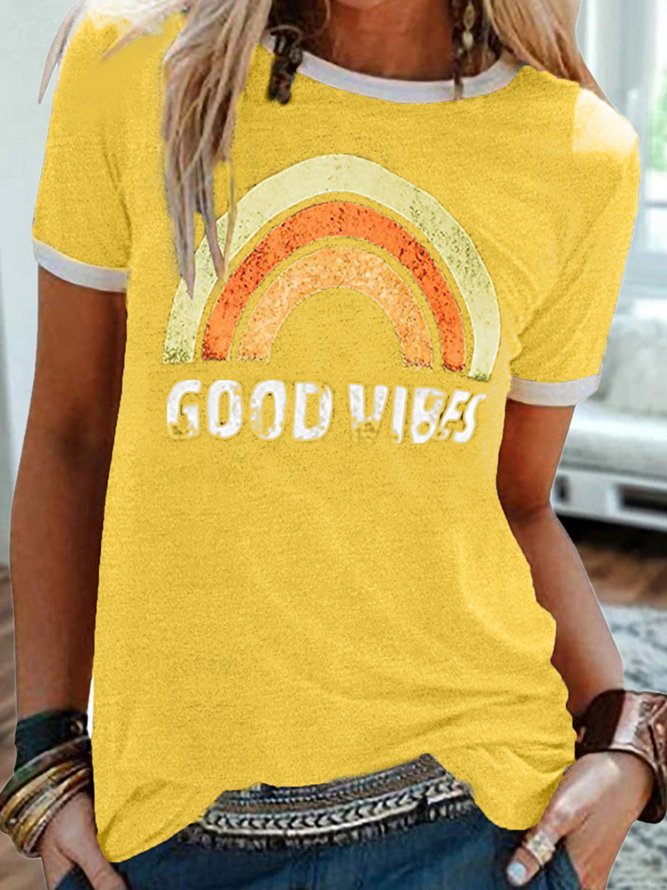 Vintage Short Sleeve Rainbow Letter Printed Plus Size Casual Tops