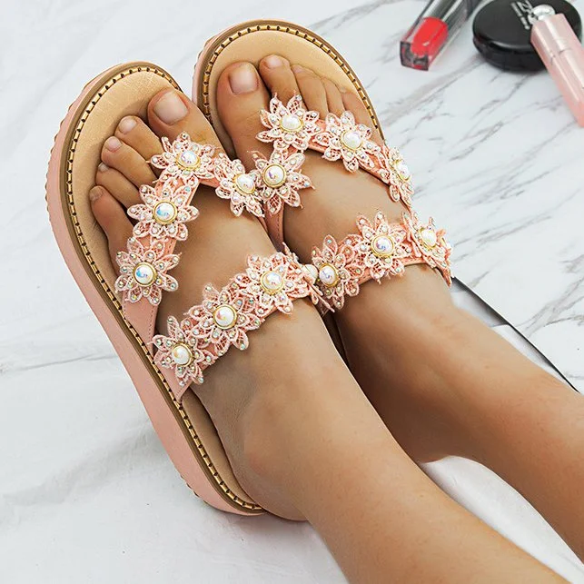 The beach gorgeous water diamond flowers flat bottom sandals | Women's ...