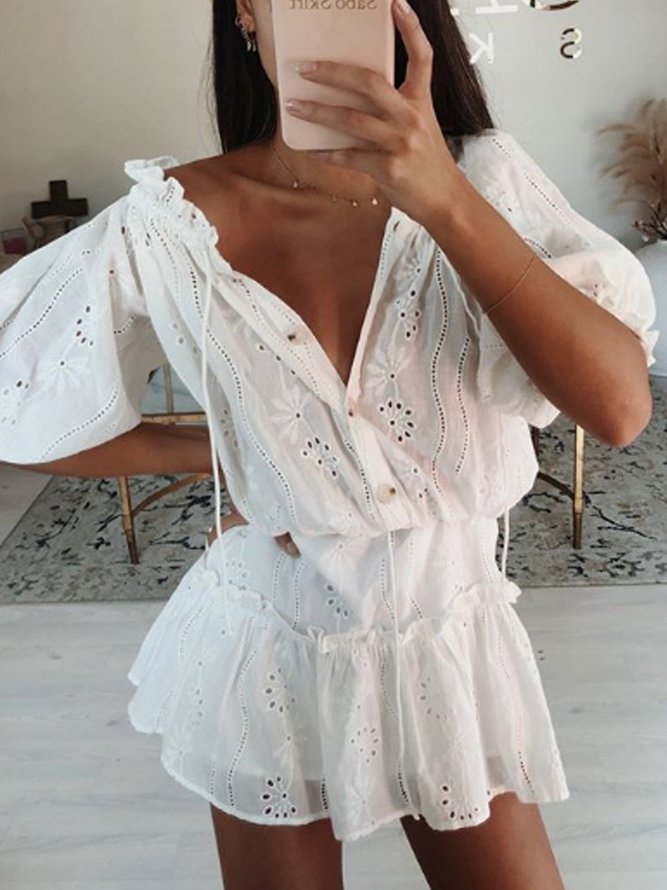 White Cotton Casual V Neck Cutout Weaving Dress | justfashionnow