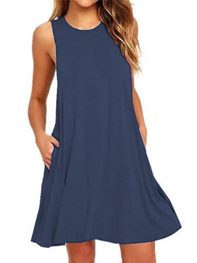 A-line Women Daily Sleeveless Cotton-blend  Solid Summer Dress