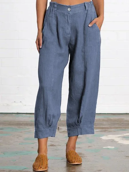 Summer Linen Women Daily Loose Capri Pants With Pockets