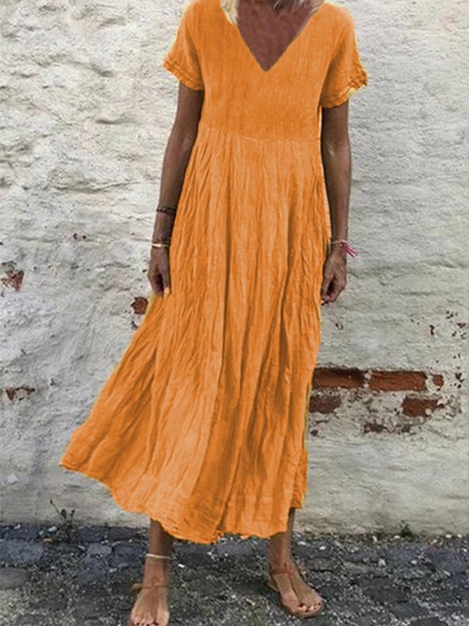 Plain Cotton-Blend V Neck Short Sleeve Dresses | Women's Clothing