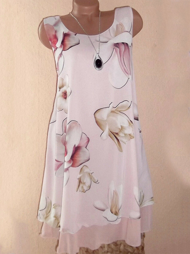 Floral-Print Crew Neck Cotton-Blend Sleeveless Weaving Dress