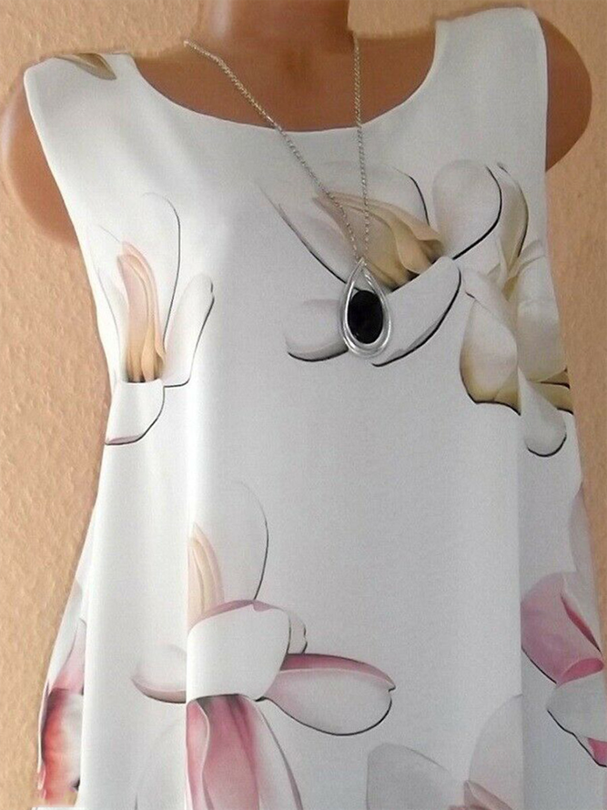Floral-Print Crew Neck Cotton-Blend Sleeveless Weaving Dress