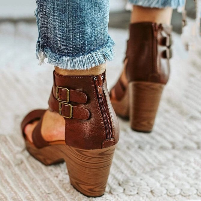 Zipper Chunky Heel Sandals Adjustable Buckle Vintage Heels justfashionnow