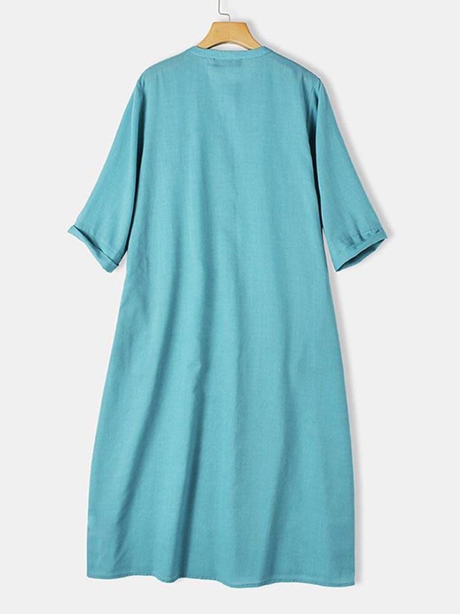 Solid Pockets Midi Dress 3/4 Sleeve Weaving Dress
