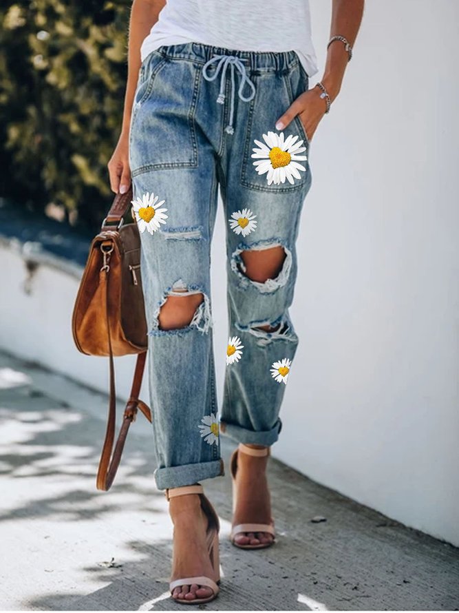 Light Blue Casual Drawstring Cotton Patchwork Pants Women's Clothing