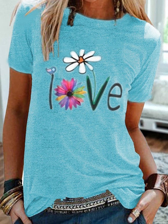Vintage Short Sleeve Statement Floral Letter Printed Crew Neck Plus Size Casual Tops