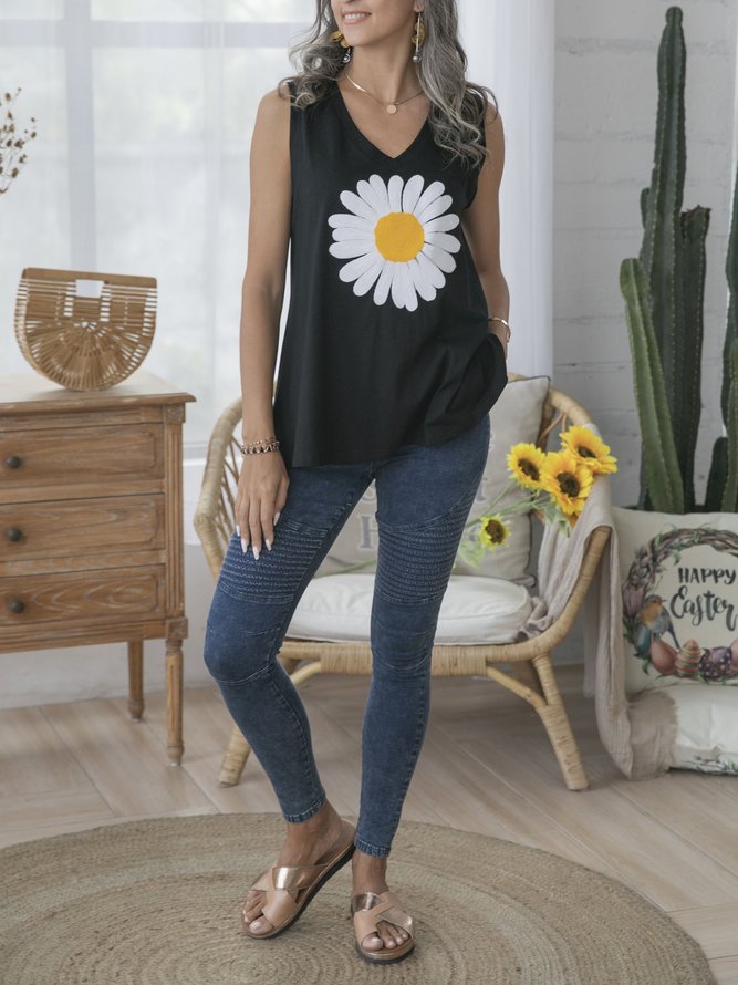 Solid Black Linen Sleeveless A-Line Floral Shirts & Tops