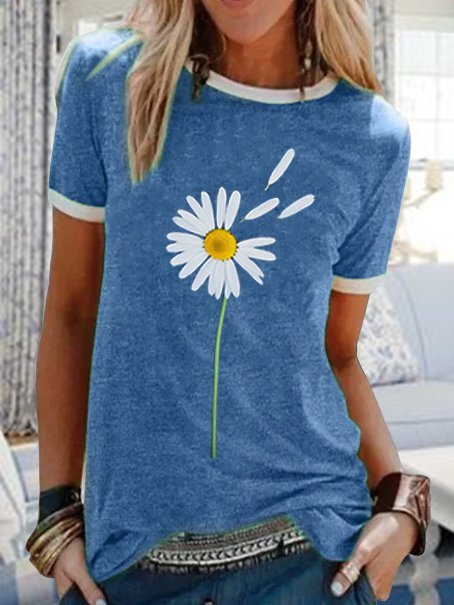 Round neck casual daisy printed short-sleeved T-shirt