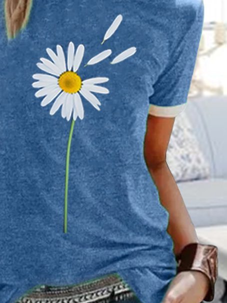 Round neck casual daisy printed short-sleeved T-shirt