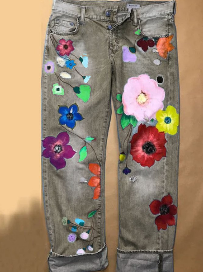 JFN Fashion Denim Floral Casual Jeans