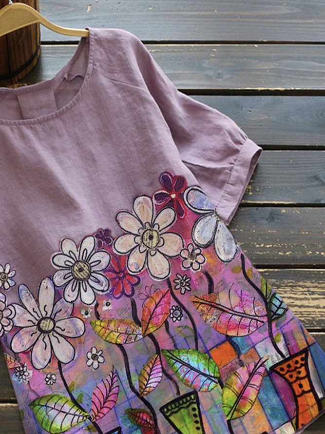Violet Floral Short Sleeve Cotton-Blend Tops