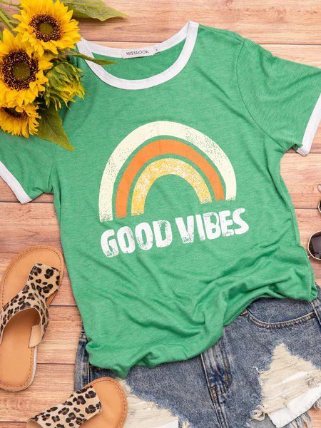 Vintage Short Sleeve Rainbow Letter Printed Plus Size Casual Tops