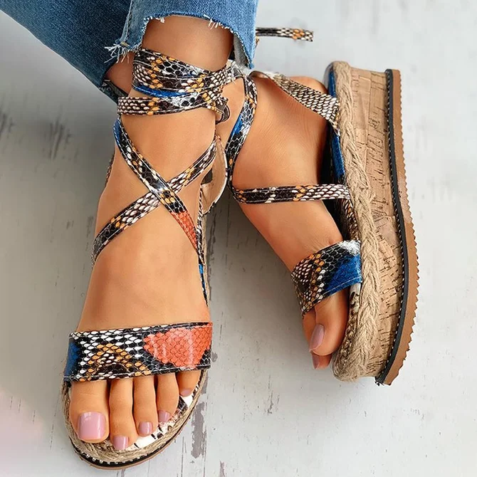 snake print tie up sandals