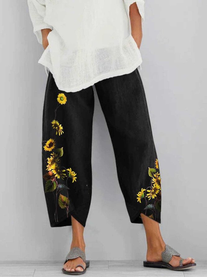 Floral-Print Casual Linen Pants