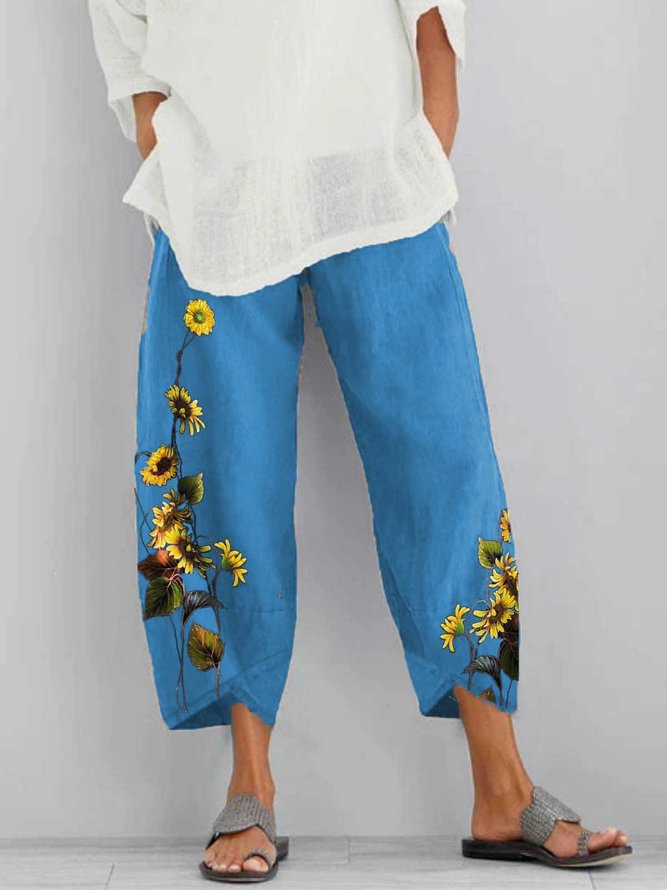 Floral-Print Casual Linen Pants