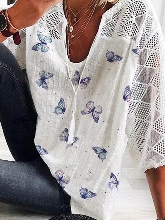 JFN Round Neck Lace Patchwork Casual Shirt