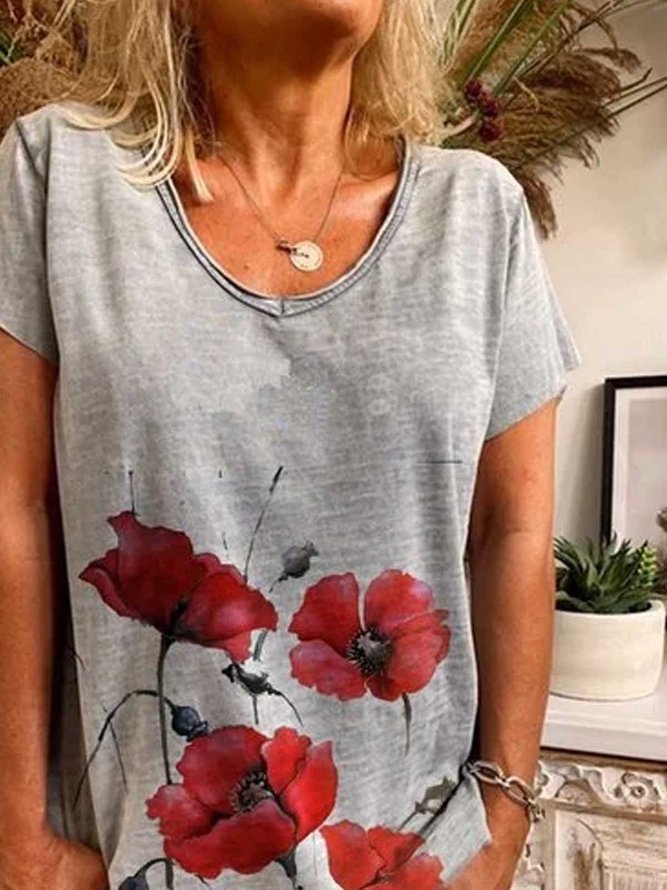 Gray Short Sleeve Printed Cotton T-shirt