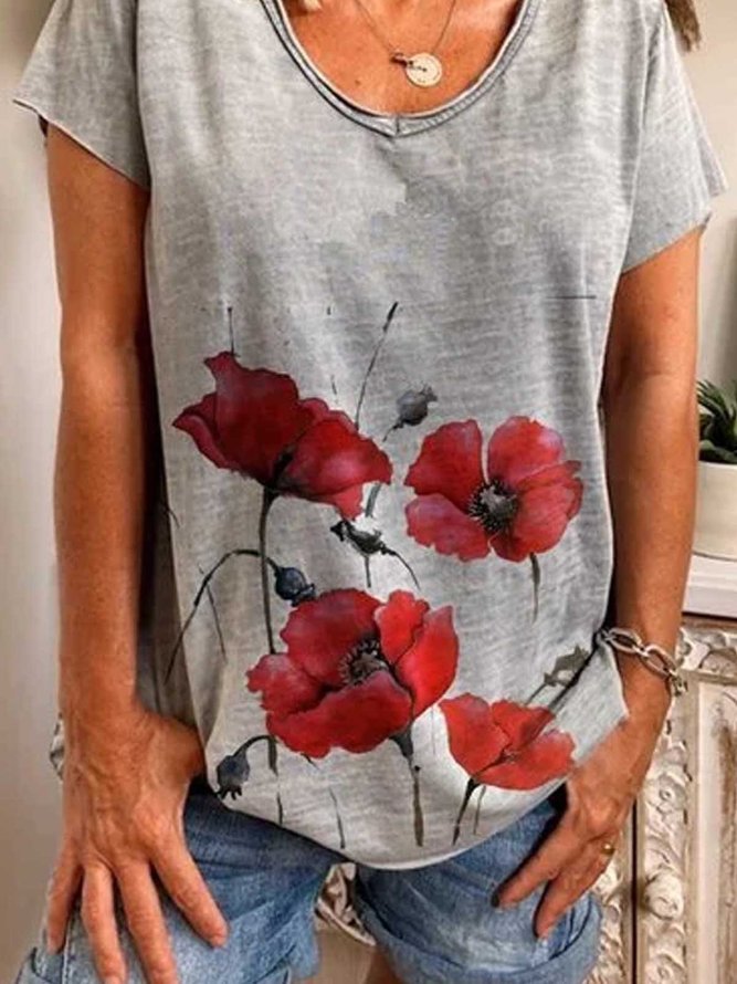 Gray Short Sleeve Printed Cotton T-shirt