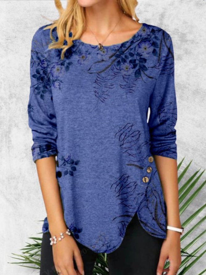 Women Casual Floral Printed Long Sleeve Crew Neck Tunic Top With Irregular Hem 