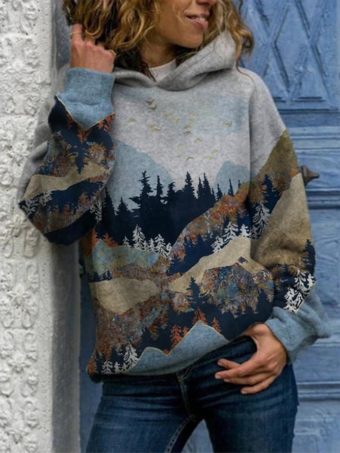 Mountain treetop print hooded sweatshirt clearance