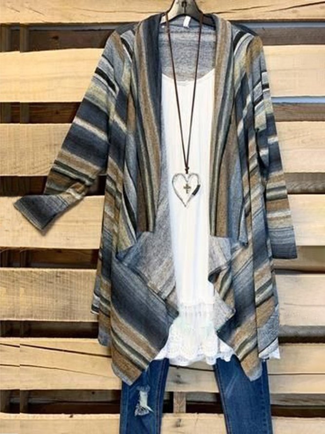 Multicolor Long Sleeve Striped Cotton-Blend Cardigan