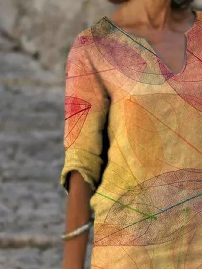 Yellow Casual V Neck Leaves Dress