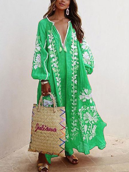 Balloon Sleeves Boho Printed Maxi Dress