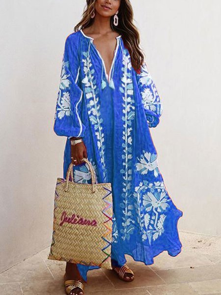 Balloon Sleeves Boho Printed Maxi Dress