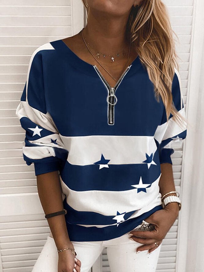 Navy Blue Casual Long Sleeve Striped Sweatshirts Women's Clothing Long Sleeve Zipper Shift