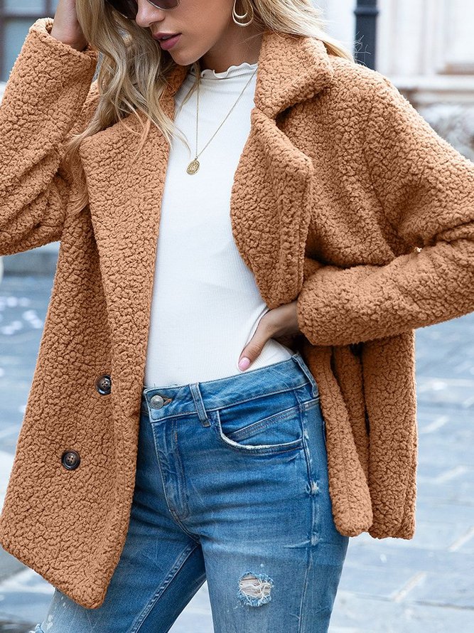 Women Casual Long Sleeve Shawl Collar Basic Fleece Teddy Bear Jacket Coat