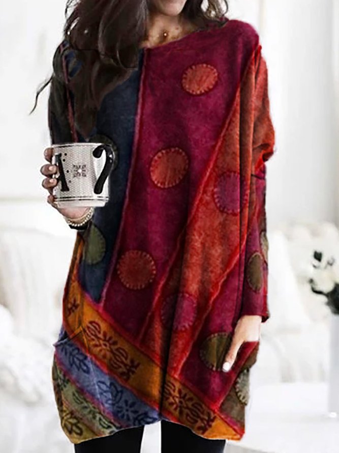 Women Long Sleeve Casual Printed Cotton-Blend Red Tunic Top