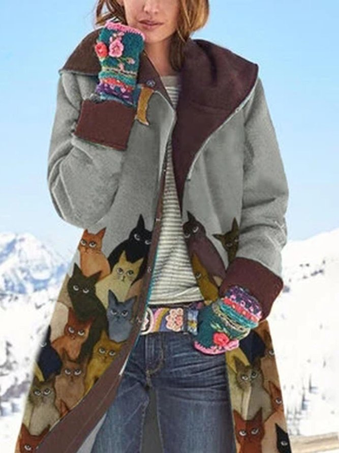 Cartoon Cat Print Hooded Long Sleeve Thick Coat For Women Women's