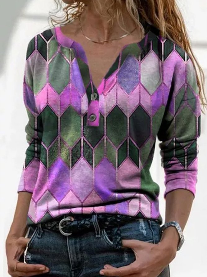 JFN V Neck Geometric Buttoned Casual Long Sleeve Top