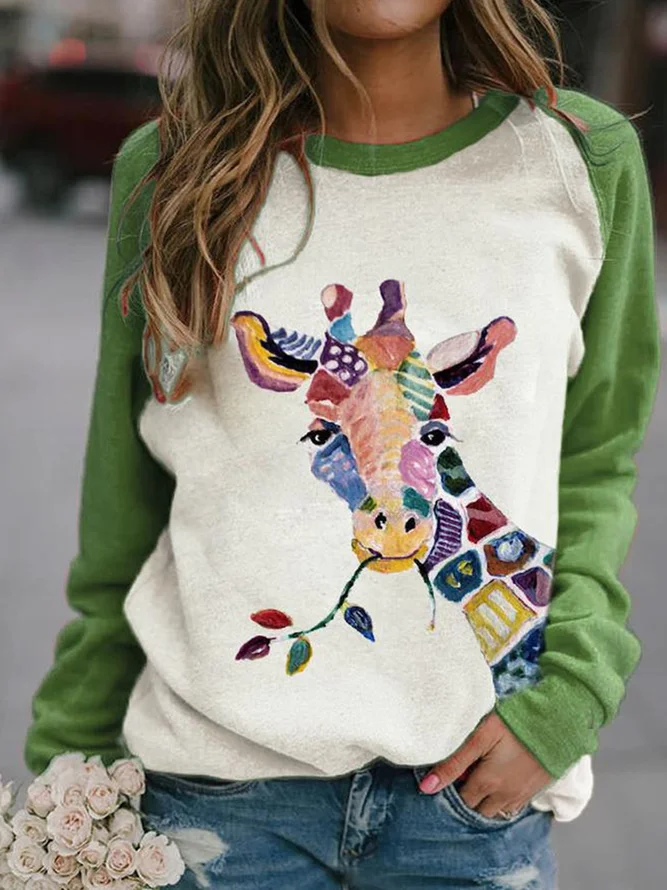 JFN women Crew Neck Giraffe print Casual loose fit Sweatshirt
