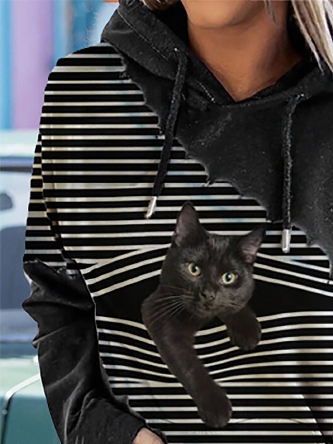 Black Cat Print Patchwork Striped Long Sleeve Hooded Sweatshirt