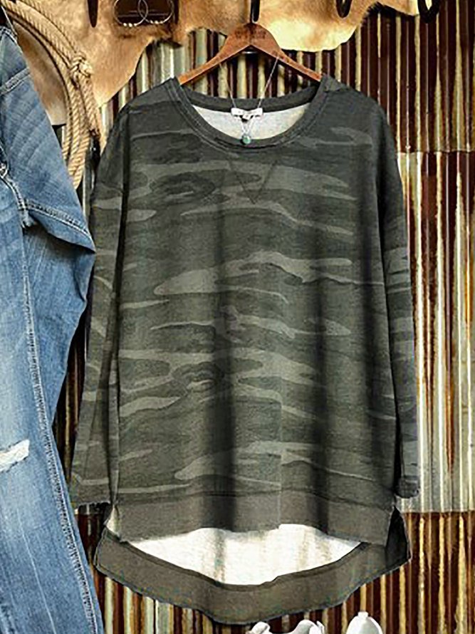 Camo Green Long Sleeve Round Neck Top