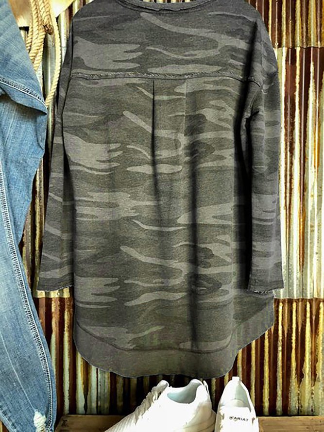 Camo Green Long Sleeve Round Neck Top