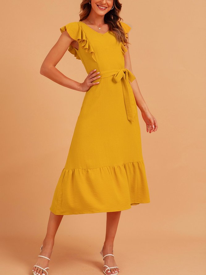 Yellow Ruffled Short Sleeve Tc Weaving Dress