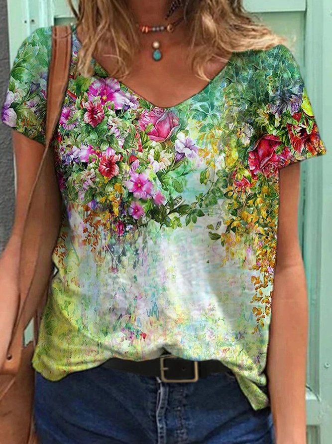 Colorful Flower Painting Short Sleeve TShirts & Tops justfashionnow