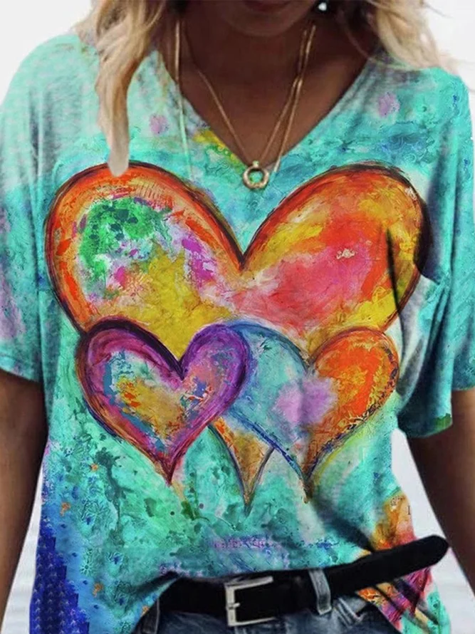 Love Painting Print T-shirt  V Neck Casual T-shirt