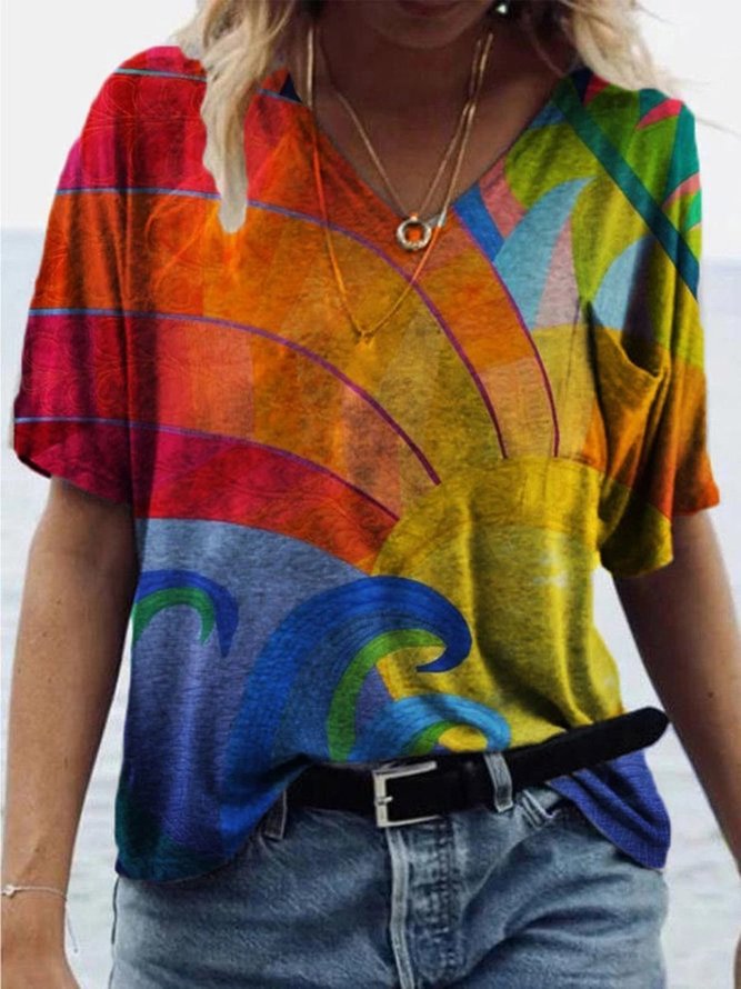 Colorful Gradient Lines T-shirt Casual Short Sleeve Shirts & Tops