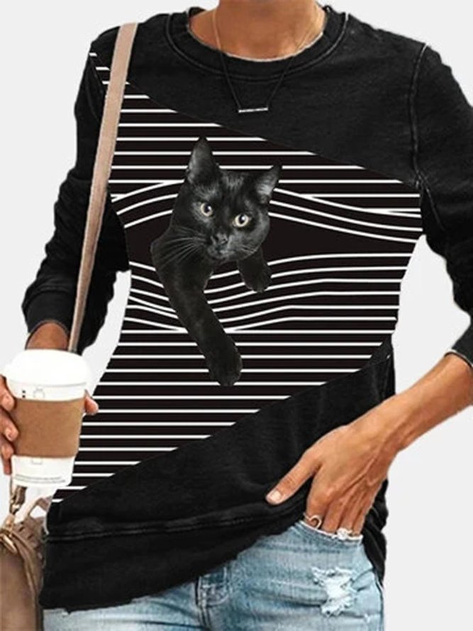 Black Cat Striped Patchwork Print Plus Size Casual Blouse Women's