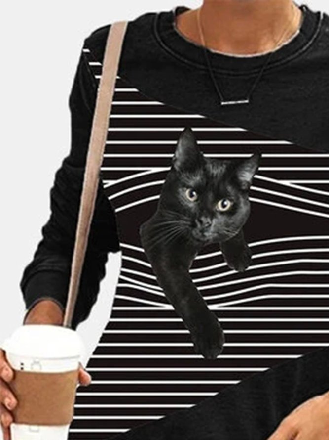 Black Cat Striped Patchwork Print Plus Size Casual Blouse Women's