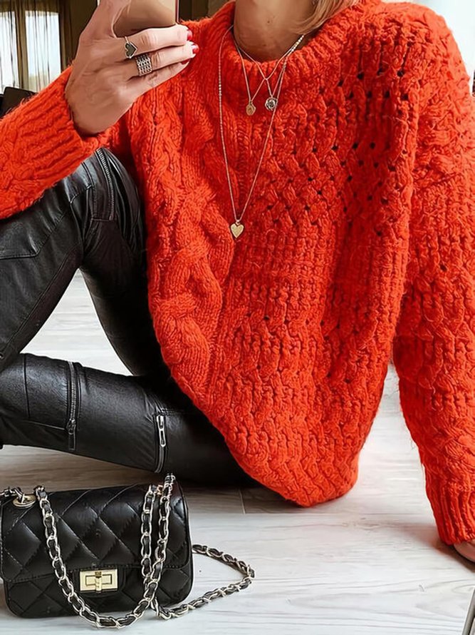 Women Christmas Solid Cable-knit Round Neck Casual Orange Sweater