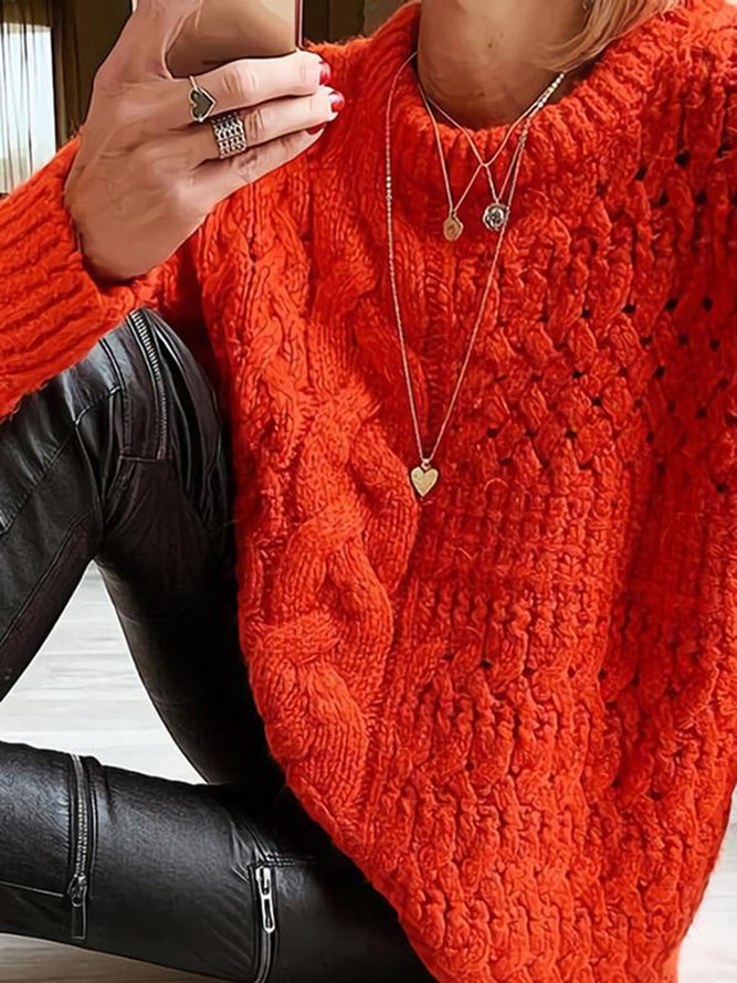 Women Christmas Solid Cable-knit Round Neck Casual Orange Sweater