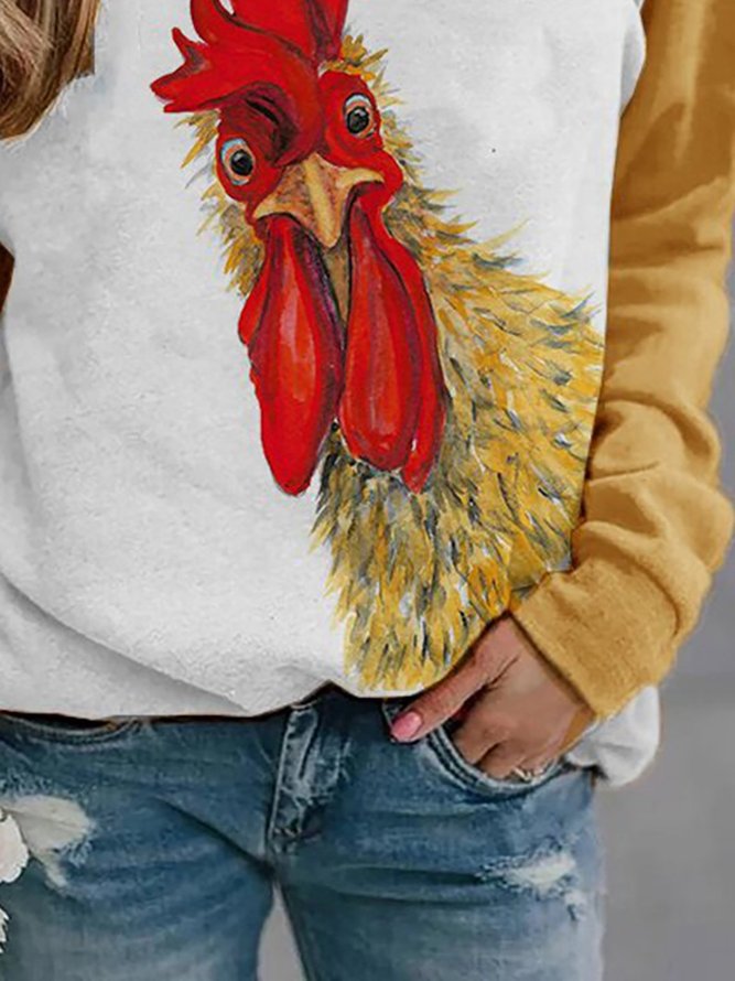 Rooster Print Long Sleeve Round Neck Sweatshirt