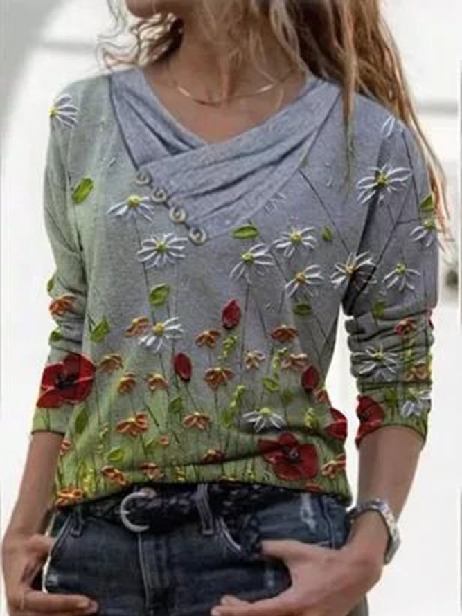 Floral Casual VNeckline Long Sleeve Blouses justfashionnow