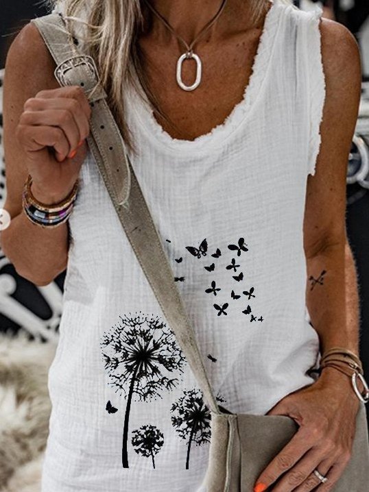 Dandelion Butterfly Print Round Neck Sleeveless Casual Tank Tops